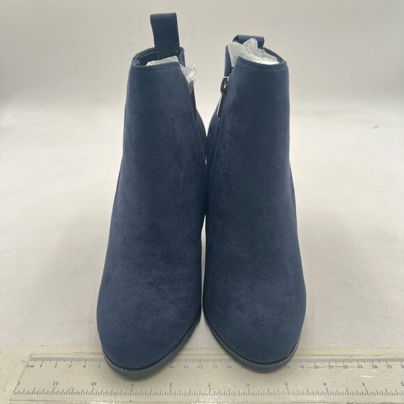 Navy Suede Block Heel Ankle Boots Closed Toe Side Zipper Short Bootie Shoes - Picture 2 of 7